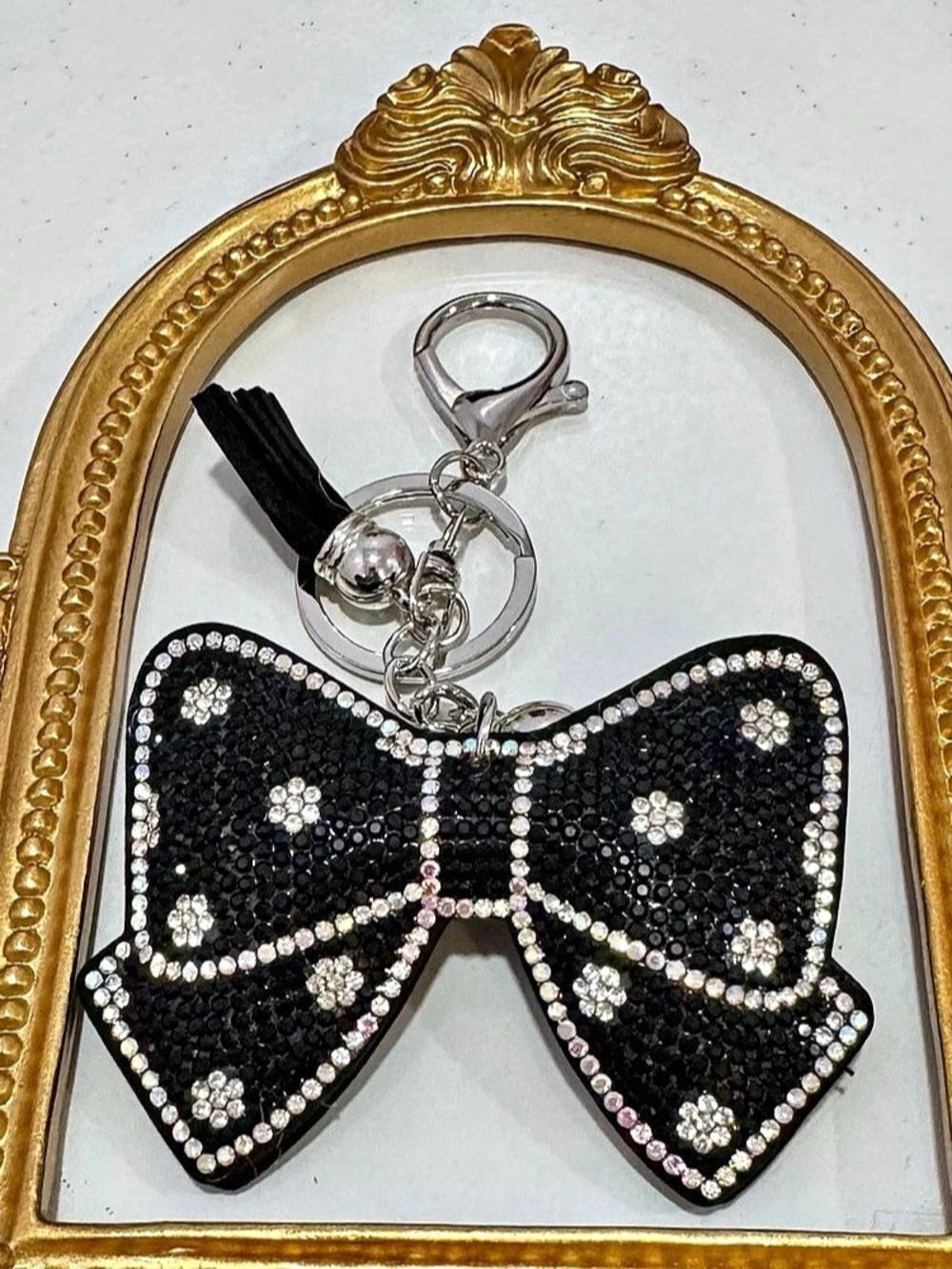 New Black/Silver Rhinestone Bow Keychain - Picture 2 of 6
